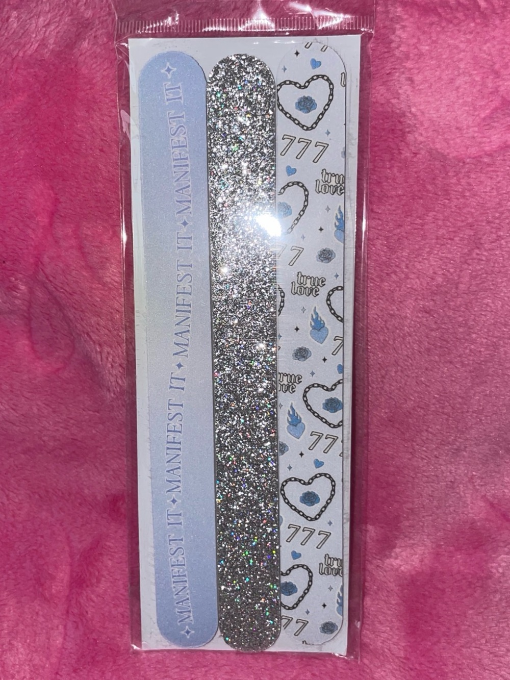 Set of 3 Nail Files — Blue, Silver Glitter & Printed Hearts